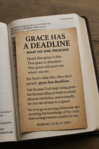 Close-up photo of a Bible-styled journal or printed page with the headline “Grace Has a Deadline – What No One Preaches.” The message warns that delaying repentance and obedience can cause us to miss the window of grace. Background shows warm lighting and a soft page texture, emphasizing urgency and surrender.