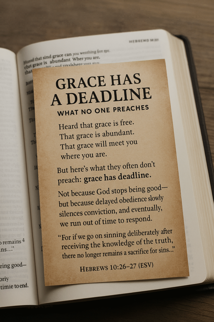 Close-up photo of a Bible-styled journal or printed page with the headline “Grace Has a Deadline – What No One Preaches.” The message warns that delaying repentance and obedience can cause us to miss the window of grace. Background shows warm lighting and a soft page texture, emphasizing urgency and surrender.