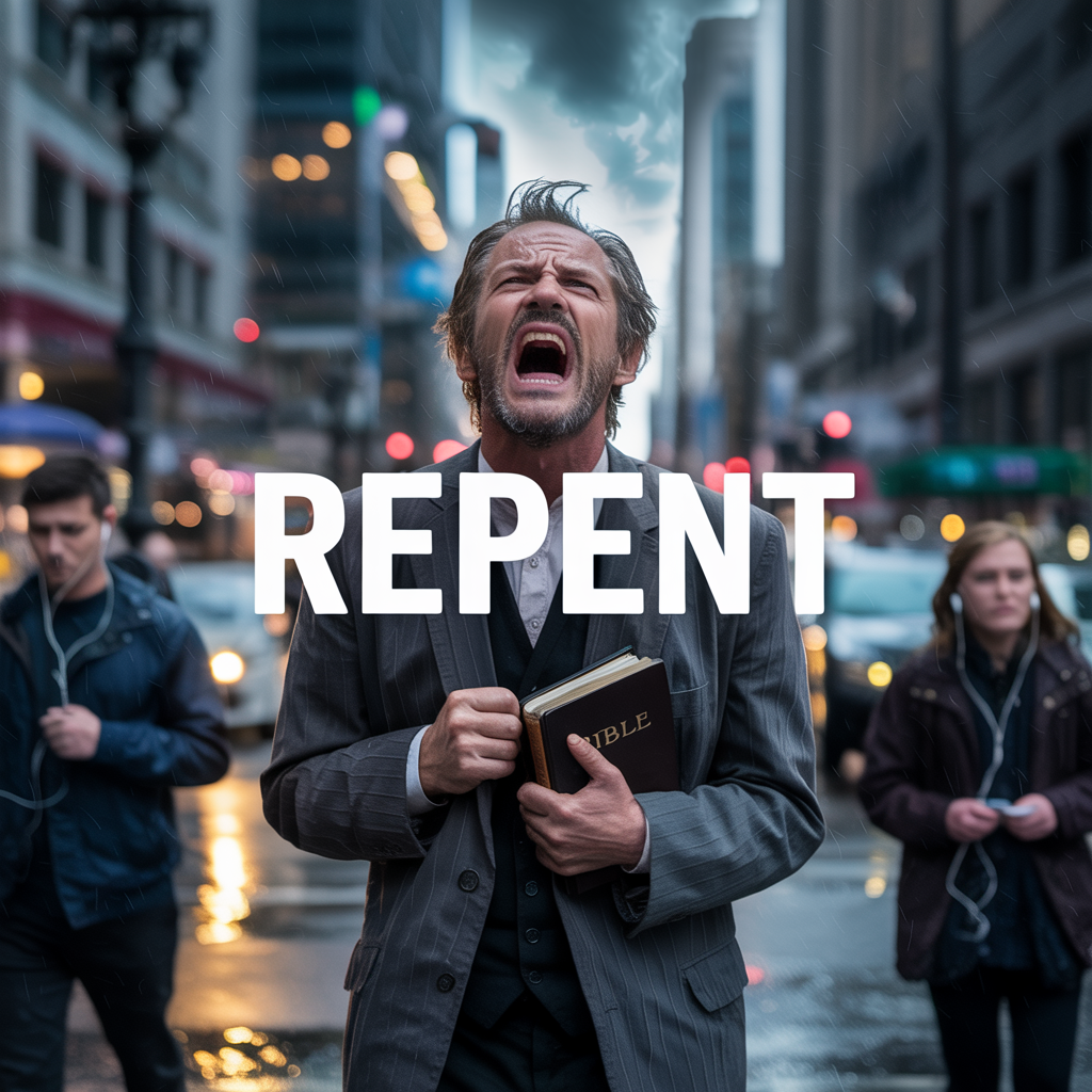 Moody street preacher shouting into the wind, stormy skies behind him, people walking past with earbuds ignoring him, bold scripture overlay,