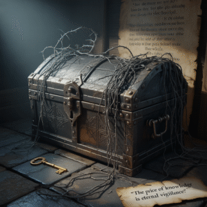 A rotting locked box of secrets hidden in darkness, revealing that what’s concealed will decay the soul.