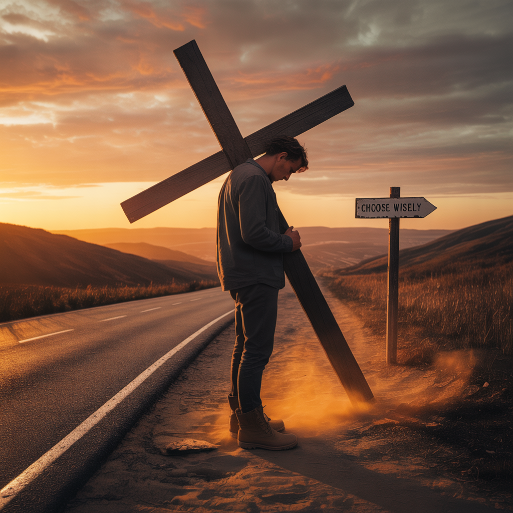 A traveler stopped between two roads with a half-carried cross, illustrating the cost of incomplete obedience.