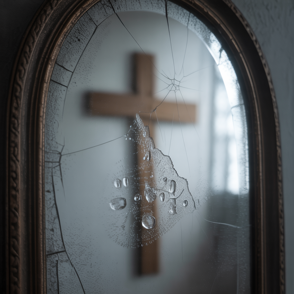 foggy mirror with smudged fingerprints, faint cross reflected in the glass, cracked frame edge, soft moody lighting, symbolic of conviction and clarity,