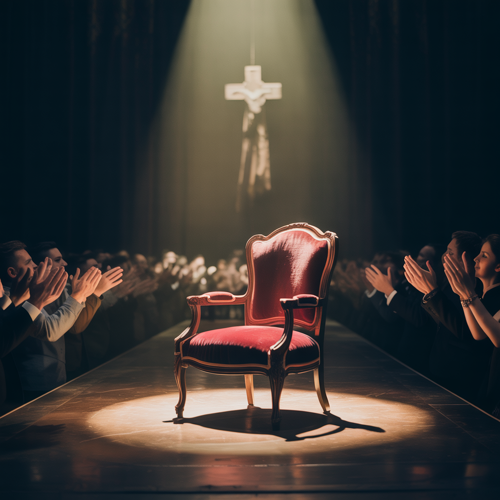 An empty chair lit by applause while the cross fades in the distance, exposing the danger of living for approval.