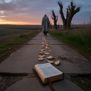 A person fading into twilight, leaving behind a burned trail of truth, showing how compromise happens gradually.