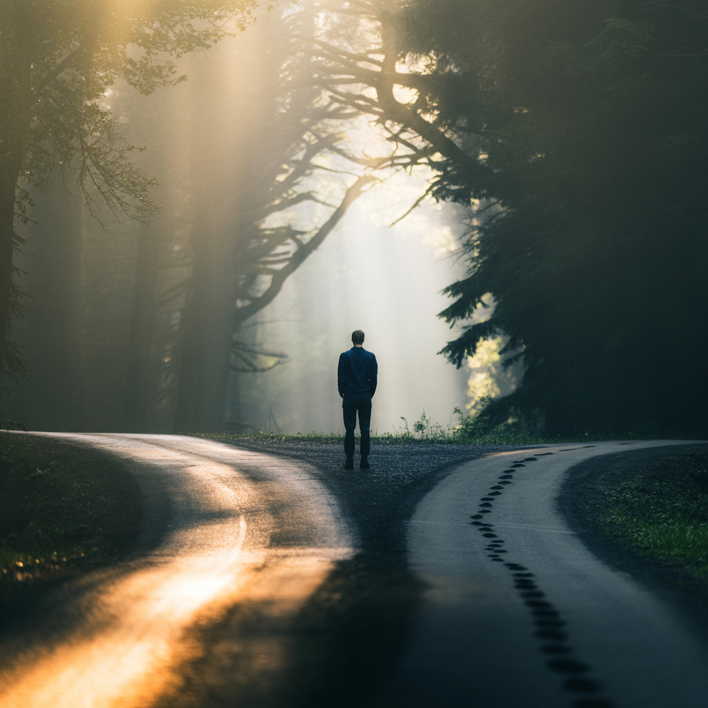 Split road in a foggy forest, one path is golden and bright, the other dark and twisted with footprints leading astray, lone traveler standing at the center with hands raised