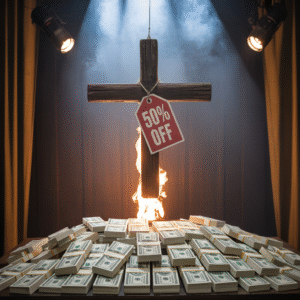 A discounted cross in a flashy setting, exposing the deception of grace stripped of cost, weight, or holiness.