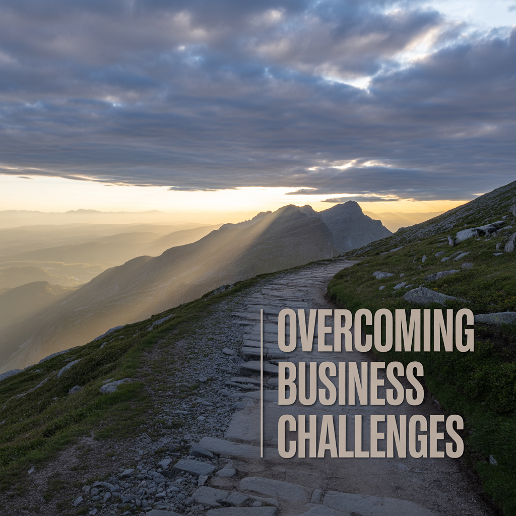 Visual of a stormy sky clearing behind a high mountain path • Or a sunrise casting light through broken clouds over a cityscape • Overlay text: Overcoming Business Challenges