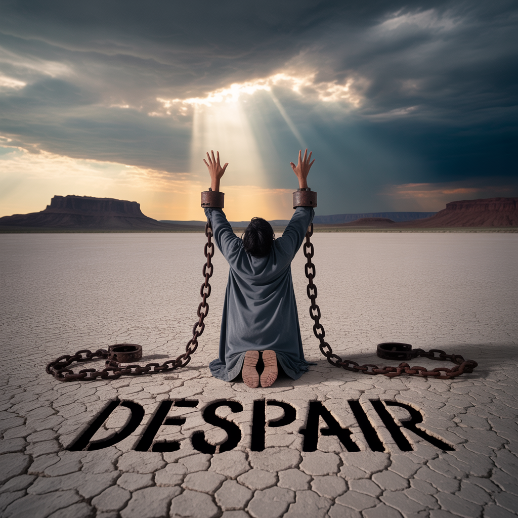 A person kneeling in a dry desert with cracked ground, hands lifted but chained, storm clouds overhead, desert sun breaking through faintly,