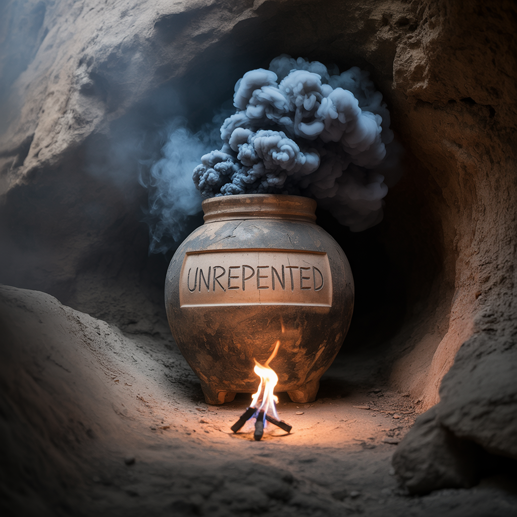 A dark clay jar emitting black smoke, representing hidden sin and the wrath stored up through unrepentant hearts.