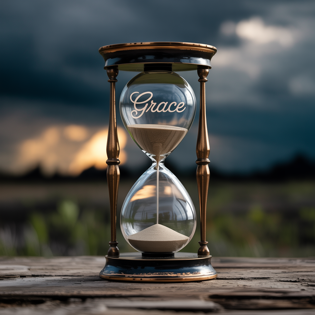 an hourglass with the word “GRACE” in gold letters nearly drained, storm clouds rolling in behind, one final grain about to fall, 1:1 dramatic layout