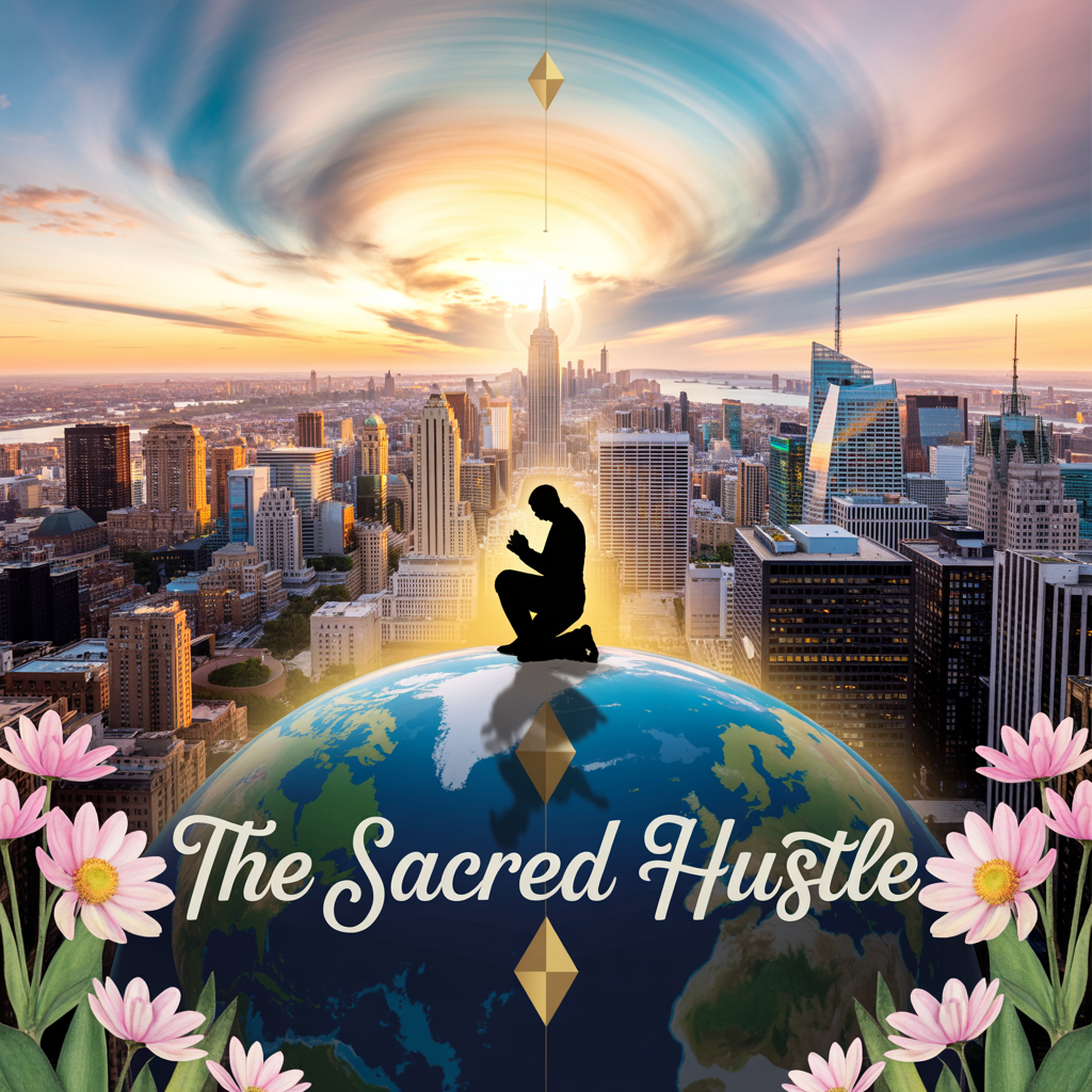 A stylized photograph with a religious and urban theme. In the center, a black silhouette of a person kneeling in prayer position on a golden path. Above the figure, a large blue and green Earth globe dominates the left side, while a golden cityscape with tall buildings and skyscrapers fills the right side.