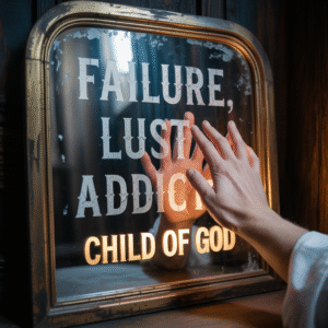 A mirror revealing true identity beneath false labels, showing how Heaven never called you what shame did.