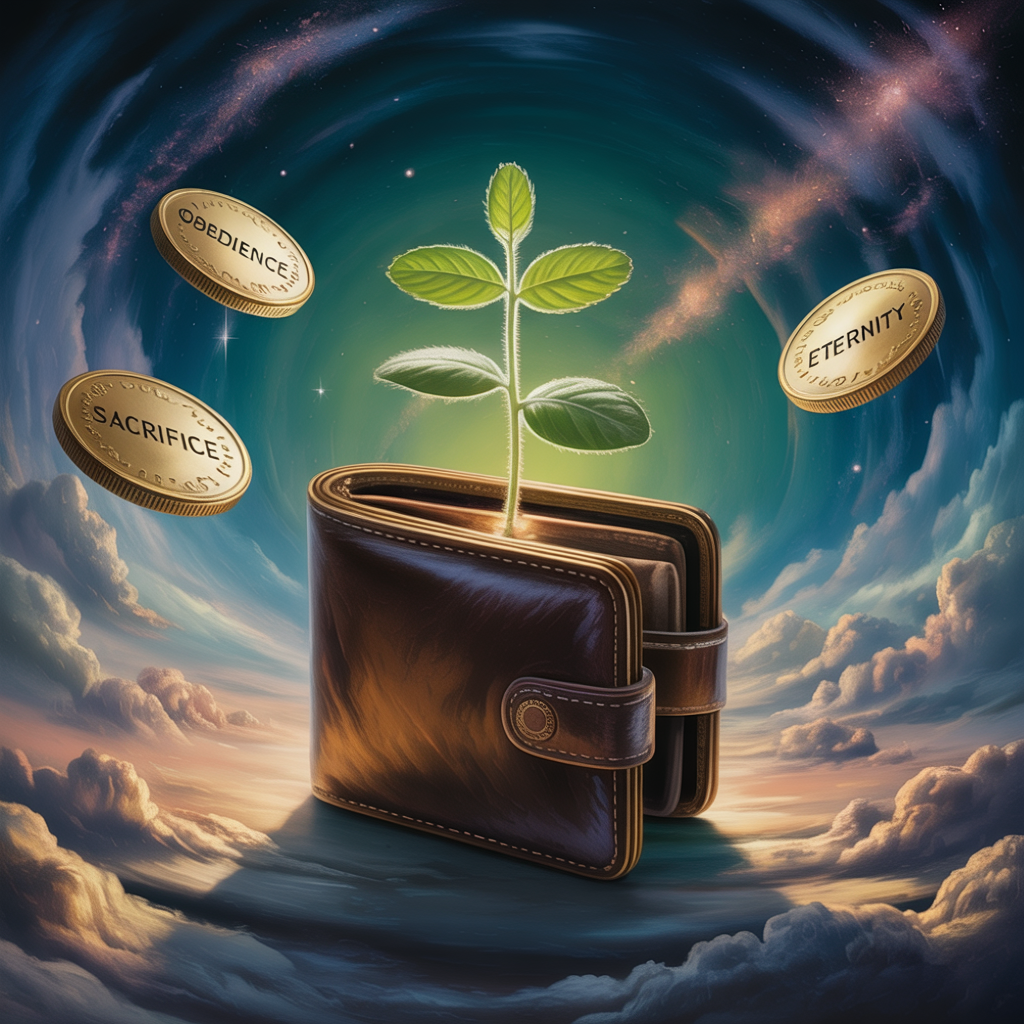 A glowing empty wallet birthing eternal seeds, reflecting the truth that God’s economy is not of this world.