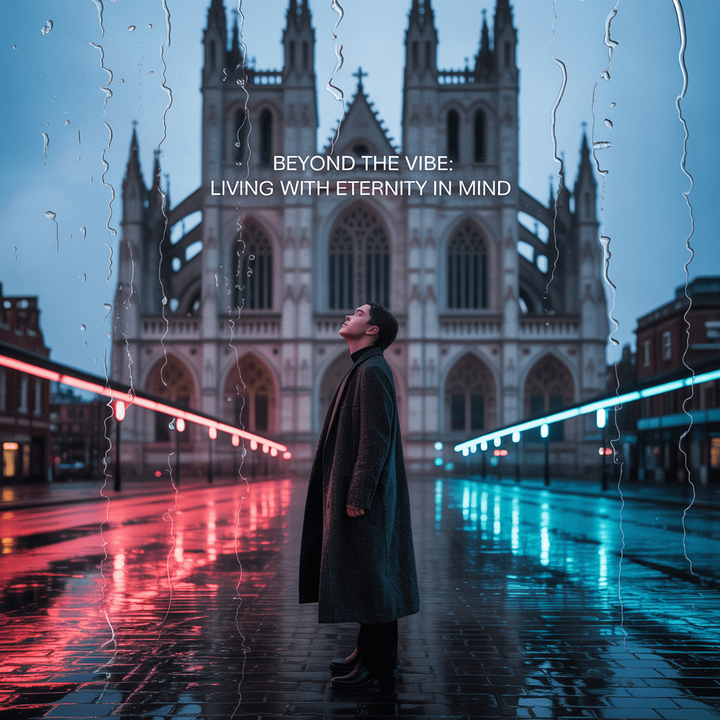 A moody architectural photograph of a Gothic cathedral at night with rain. The text "BEYOND THE VIBE: LIVING WITH ETERNITY IN MIND" appears in white letters at the top of the image. A figure in a long black coat stands in the center foreground, looking upward at the cathedral, creating a contemplative atmosphere. The cathedral features three tall spires with pointed arches and intricate Gothic architecture. The ground is wet from rain, creating mirror-like reflections of the cathedral's facade. The scene is illuminated by neon lights on both sides, casting a red glow on the left and a blue glow on the right.