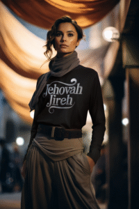 Woman dressed casually in a The Hustle Is Holy™ custom designed long sleeve Jehovah Jireh t-shirt.