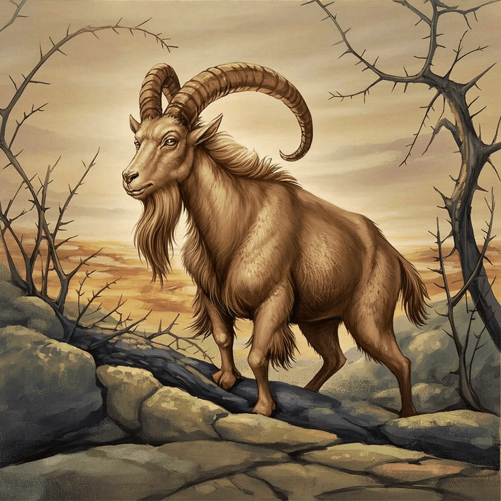 A detailed digital illustration of a majestic ibex standing on rocky terrain during a sunset. The ibex has a rich brown coat with long, flowing fur, particularly prominent on its beard-like facial features and mane. Its horns are large and curved, extending backwards from its head in a classic ibex pose. The animal is positioned in profile view, facing left, with its body filling the center of the composition. The background features a warm, golden sunset sky with muted orange and brown tones. The landscape includes jagged, gray rocks in the foreground and bare, thorny trees with intricate branch patterns on both sides of the frame. The trees have dark, gnarled branches against the sunset sky. The overall color palette consists of earthy browns, muted oranges, and dark grays, creating a naturalistic wilderness atmosphere. The illustration has a painterly quality with subtle texture in the fur and rocks.