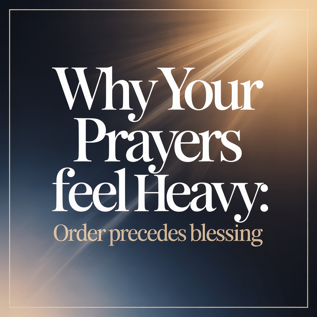 A spiritual-themed graphic design with a dark navy blue background featuring a bright golden light beam emanating from the top right corner, creating a dramatic lens flare effect. The main text is arranged in three lines in an elegant serif font, with "Why Your Prayers" on top, "feel Heavy:" in the middle, and "Order precedes blessing" at the bottom. The text is in white with a subtle shadow effect. The design has a thin gold border frame around the edges. The lighting effect creates a warm glow that transitions from golden yellow in the center to deep navy blue at the edges, giving the image a mystical, divine quality. The text is centered on the image and takes up approximately two-thirds of the total space. The overall composition suggests a religious or spiritual theme, with the dramatic lighting effect serving to emphasize the message.