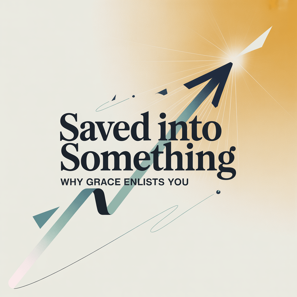 A minimalist typographic design with a gradient background transitioning from white to golden yellow. The main text "Saved into Something" is in large black serif font positioned in the center. Below it, in smaller black sans-serif font, is the subtitle "WHY GRACE ENLISTS YOU". The design features a large black upward-pointing arrow that extends from the text upward toward a bright golden light source in the top right corner. The arrow has a subtle gradient effect and creates a dynamic diagonal line across the composition. Small geometric shapes and dots are scattered around the arrow, adding visual interest and movement. The overall composition has a clean, modern aesthetic with a spiritual or religious theme suggested by the upward movement and light source.