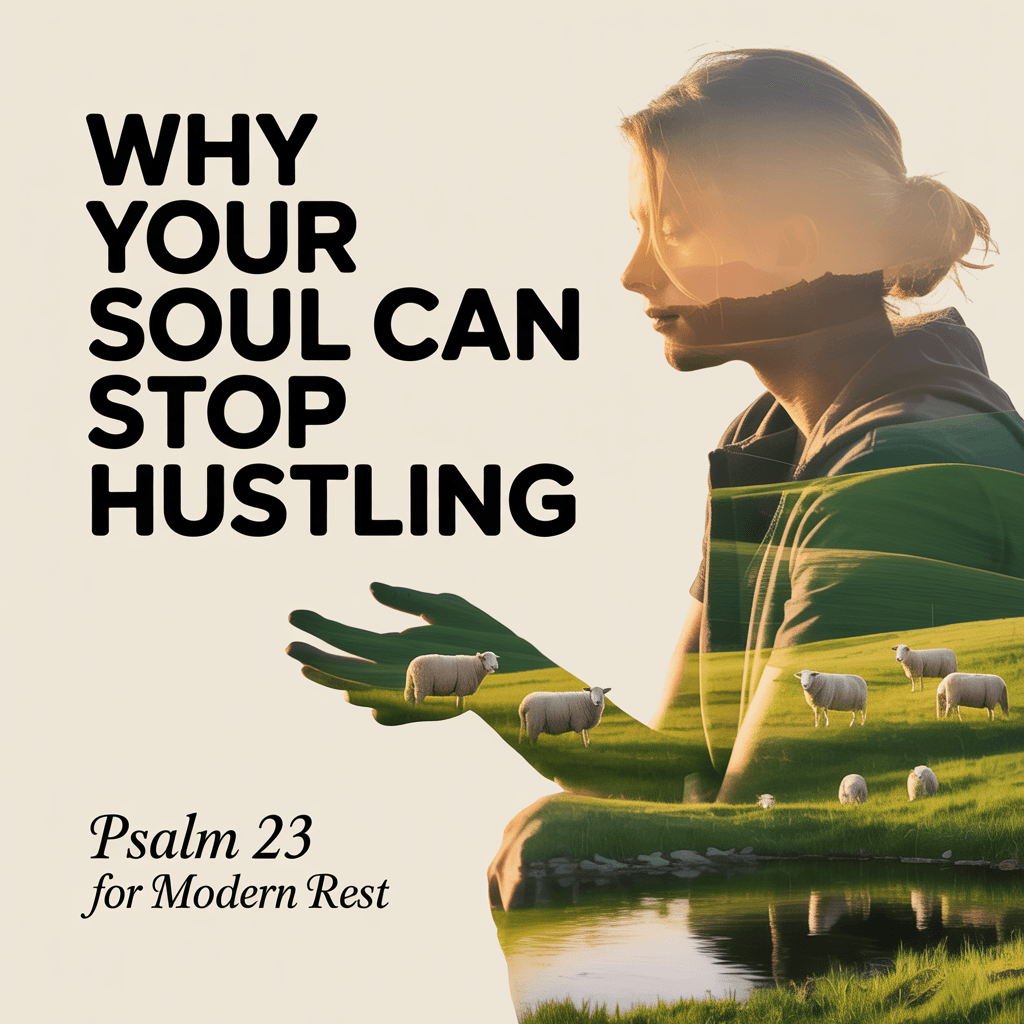 A spiritual and motivational book cover design featuring a double exposure effect. The left side contains large black text "WHY YOUR SOUL CAN STOP HUSTLING" in a bold sans-serif font. The right side shows a silhouette of a woman's profile with her hair in a bun, overlaid with a pastoral scene of a serene meadow with white sheep grazing. The meadow is reflected in a calm body of water at the bottom. The text "Psalm 23" appears in black at the bottom, followed by "for Modern Rest" in a smaller italic font. The overall color palette consists of warm golden tones on the silhouette side transitioning to cool greens and blues in the pastoral scene. The composition creates a peaceful, meditative atmosphere with the reflection creating a symmetrical effect. The background is predominantly white with subtle gradient effects. The image has a modern, clean design style with a spiritual and restful theme.