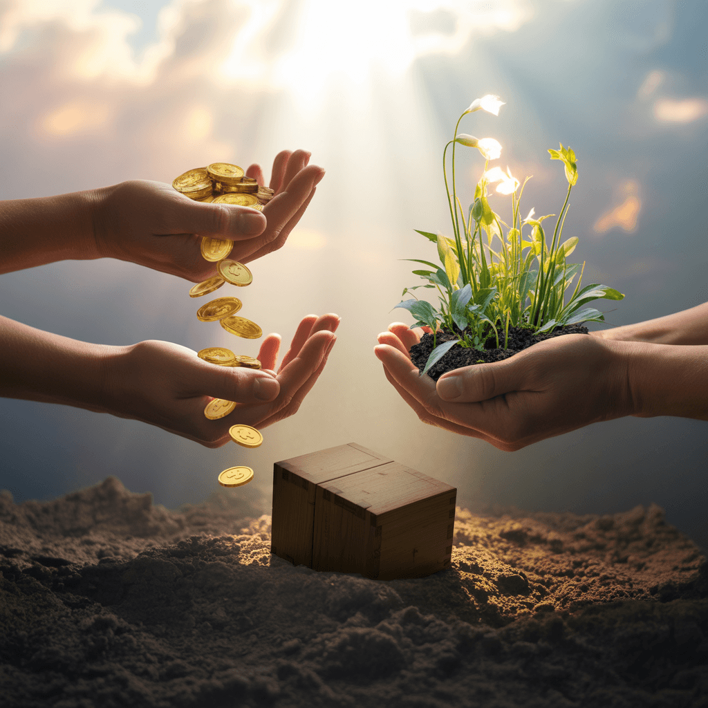 A mystical nature photograph of hands exchanging gold coins and a glowing plant. Two hands are positioned on either side of a wooden cube block, which sits on dark soil. The left hand is releasing multiple gold coins that float downward, while the right hand cradles a small plant with bright green leaves and delicate white flowers. The plant emits a soft white glow that illuminates the surrounding area. The background features a dreamy sunset sky with wispy clouds, creating a warm golden glow. The lighting creates a dramatic contrast between the illuminated floating coins and plant, and the shadowed ground. The wooden block is a simple, unadorned cube with clean edges. The soil beneath is dark and textured, with a slight sheen from the lighting. The overall composition has a mystical, ethereal quality with professional studio-quality lighting and sharp focus on the floating elements.