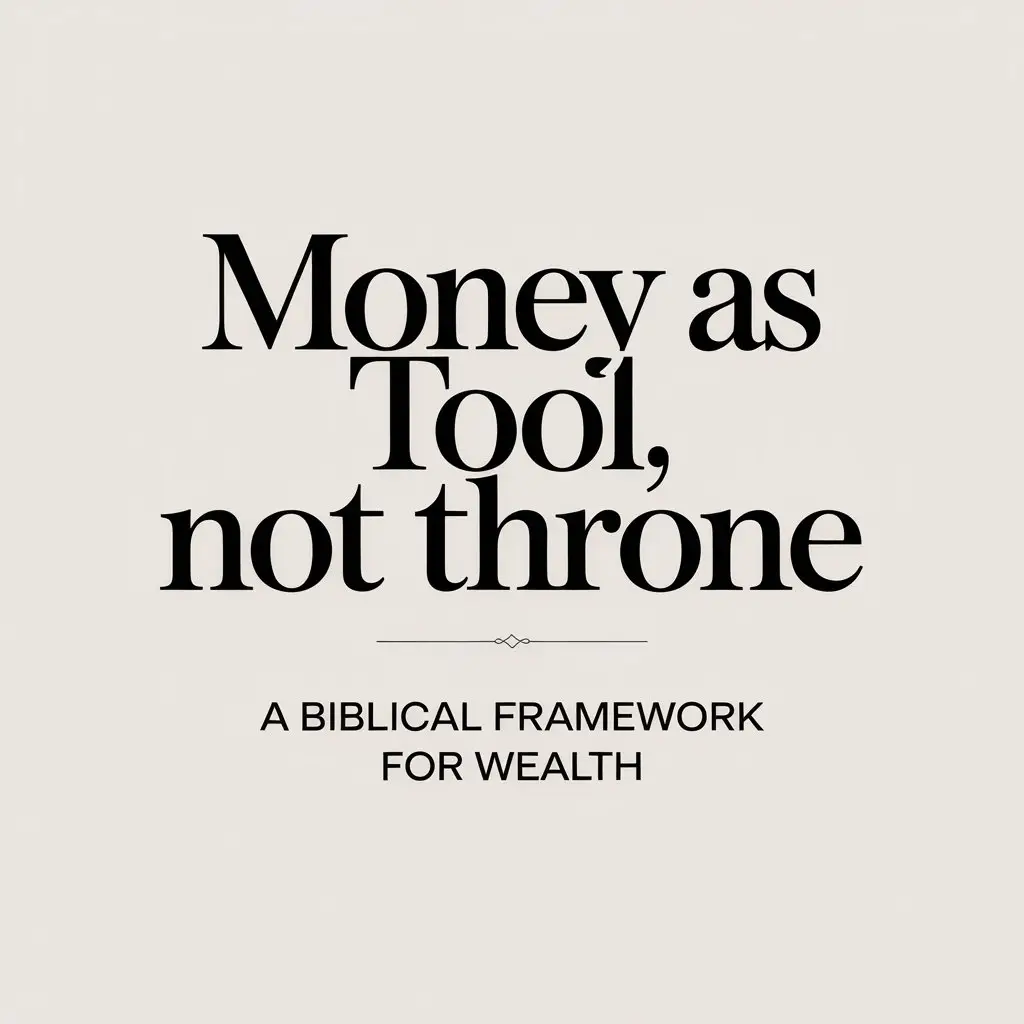 A minimalist typographic design with a cream-colored background. The main text "Money as Tool, not throne" is centered in the image, using a serif font with black text. The word "Money" is larger than the other words, and the text is arranged in three lines. Below the main title, there is smaller text in all capitals that reads "A BIBLICAL FRAMEWORK FOR WEALTH" in a simpler sans-serif font. A small decorative line separates the main title from this subtitle. The entire design has a clean, professional layout with ample white space around the text elements.