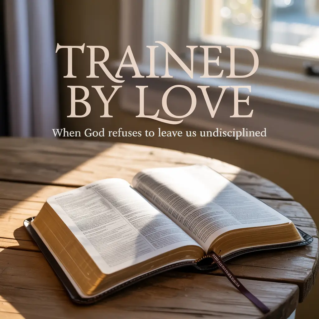 A high-quality promotional image for a Bible study series.The lighting creates a warm, golden glow across the open pages of the Bible. The background is softly blurred, showing a light-colored wall and window frame. At the top of the image, there is elegant serif text in beige that reads "Trained By Love" in large letters, followed by smaller text underneath that reads "When God Refuses to Leave Us Undisciplined". The overall composition has a warm, peaceful atmosphere with natural lighting creating diagonal light rays across the scene. The wooden table has a simple, rustic design with a single visible leg.