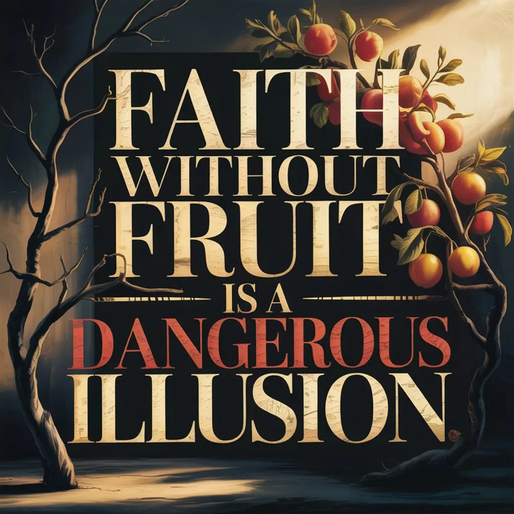 A stylized typographic poster design with a dark, moody atmosphere. The main text reads "FAITH WITHOUT FRUIT IS A DANGEROUS ILLUSION" in an ornate, vintage-style font with a weathered, textured appearance. The text is arranged in a stacked format with "FAITH" at the top, "WITHOUT FRUIT" in the middle, and "IS A DANGEROUS ILLUSION" at the bottom. The word "DANGEROUS" is highlighted in a slightly different color and font style compared to the others. The background features a dramatic lighting effect with a bright light source from the top right corner casting shadows and creating a chiaroscuro effect. On the left side of the image, there is a bare tree branch that extends from the top to the bottom. On the right side, there are several red-orange fruits hanging from a branch with green leaves. The overall color palette consists of deep blacks, warm browns, and vibrant red-orange tones. The image